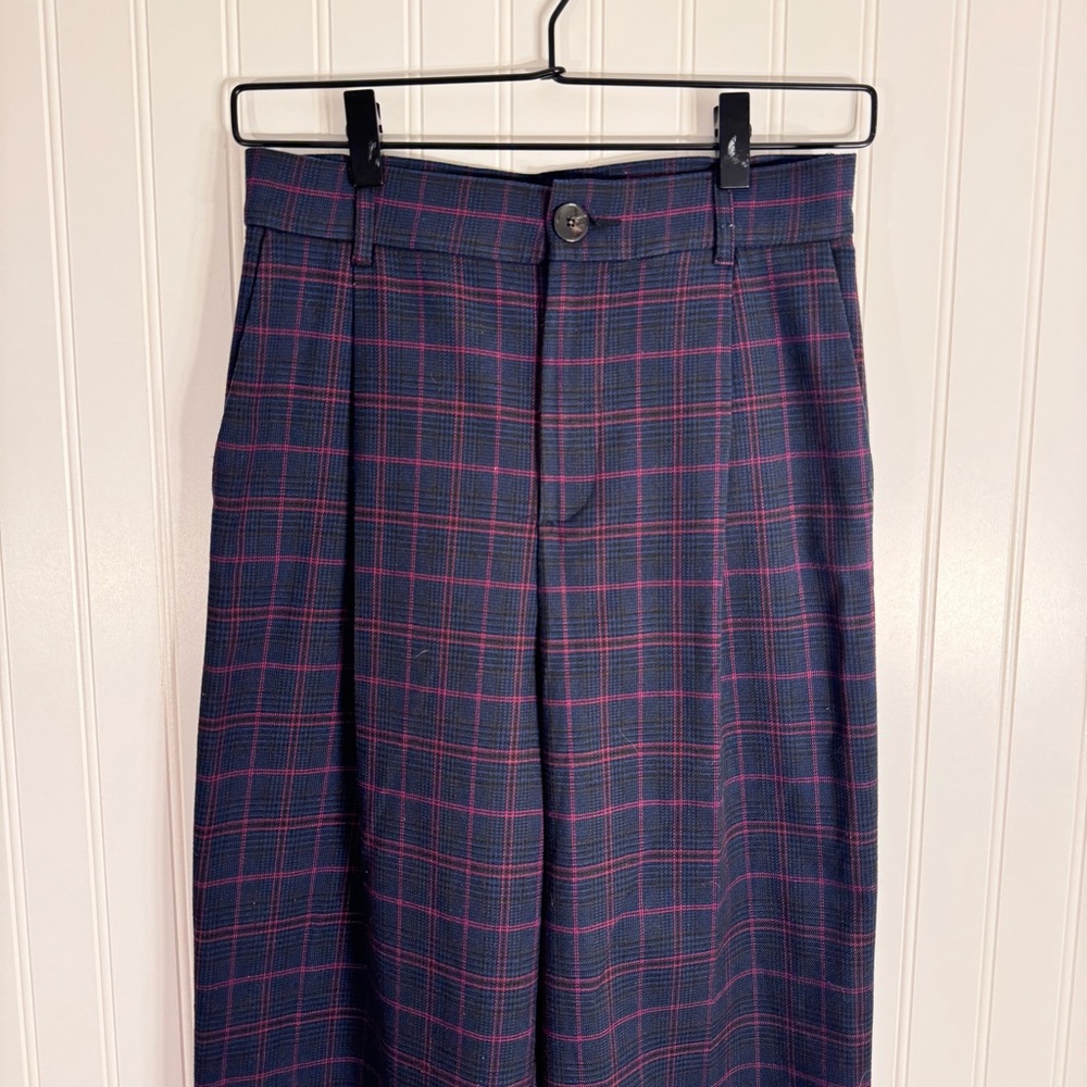 ZARA High-Waist Plaid Checker Trousers Blue & Pink Full Length 32” Inseam XS - Picture 3 of 15